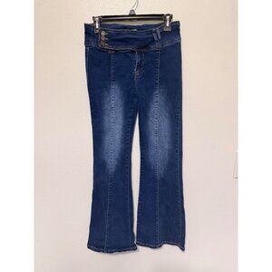 Bamboo Flare Leg Jeans Blue Seam on Front Strap Buttons Junior 11